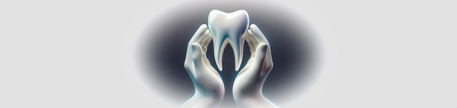 Grafik ein einzelner hocjglänzender weißer Zahn in 2 schützenden Handflächen