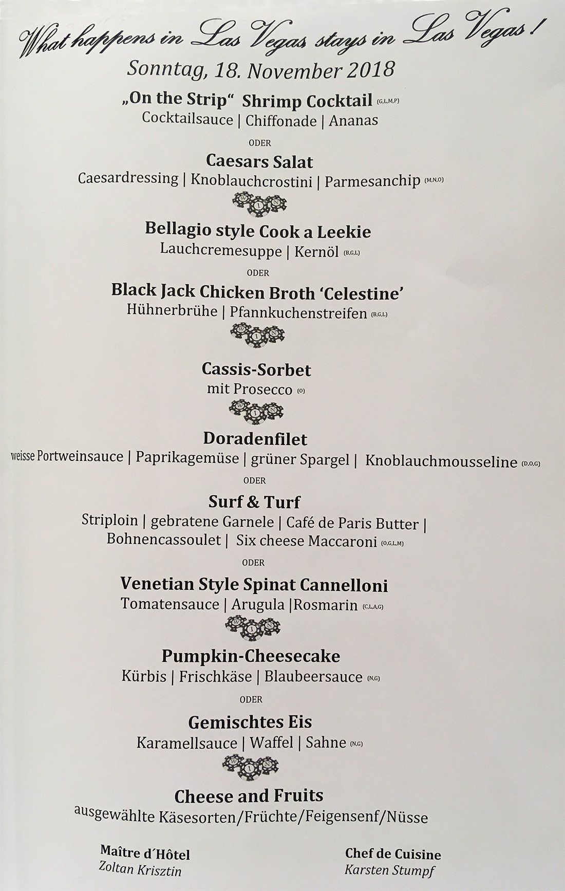 Auszug aus der Abendkarte vom 18.11.2018 im Restaurant Vier Jahreszeiten (à-la-carte) der ANESHA von Phoenix Reisen Auszug aus der Abendkarte vom 18.11.2018 im Restaurant Vier Jahreszeiten (à-la-carte) der ANESHA von Phoenix Reisen