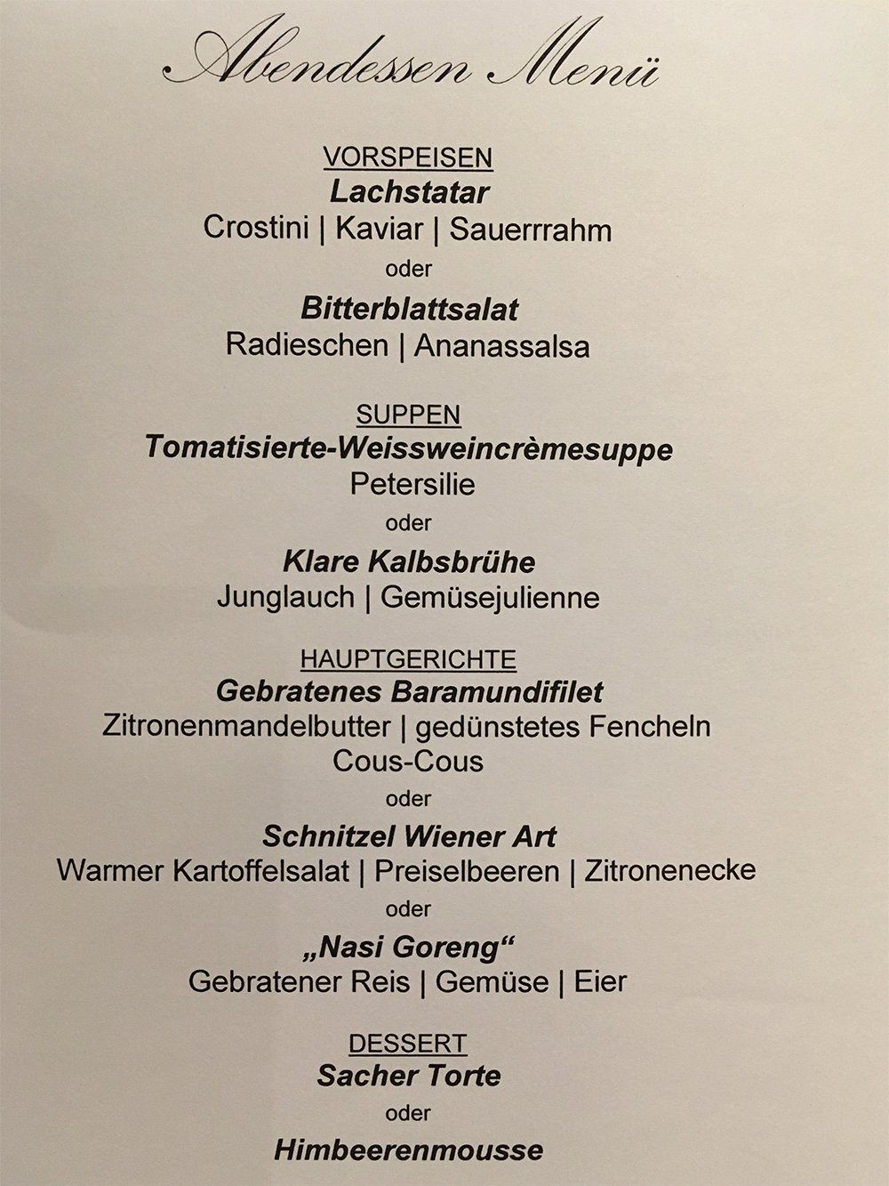 Auszug der Speisekarte im Restaurant Vier Jahreszeiten an Bord der ADORA von Phoenix Reisen am Abend des 25.10.2019 Auszug der Speisekarte im Restaurant Vier Jahreszeiten an Bord der ADORA von Phoenix Reisen am Abend des 25.10.2019