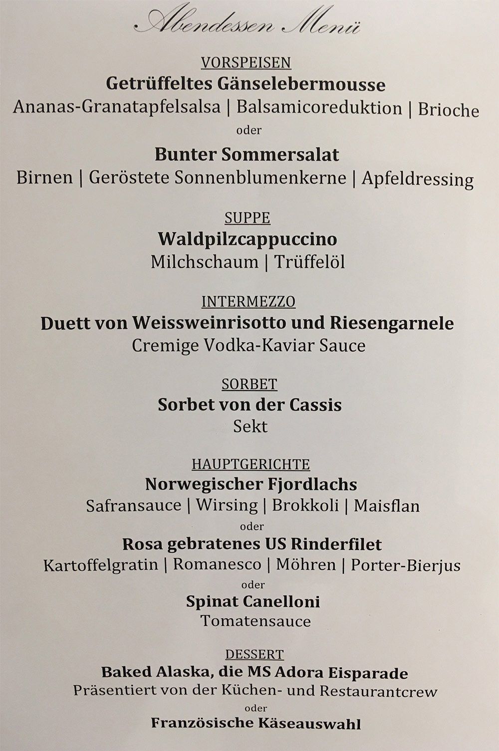 Auszug der Speisekarte im Restaurant Vier Jahreszeiten an Bord der ADORA von Phoenix Reisen am Abend des 28.10.2019 Auszug der Speisekarte im Restaurant Vier Jahreszeiten an Bord der ADORA von Phoenix Reisen am Abend des 28.10.2019