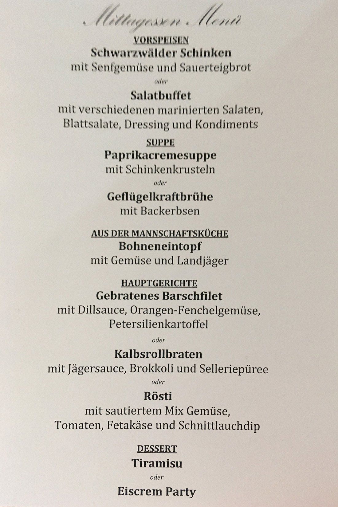 Auszug aus der Mittagskarte vom 28.11.2019 im Restaurant Vier Jahreszeiten (à-la-carte) an Bord der ALENA von Phoenix Reisen Auszug aus der Mittagskarte vom 28.11.2019 im Restaurant Vier Jahreszeiten (à-la-carte) an Bord der ALENA von Phoenix Reisen