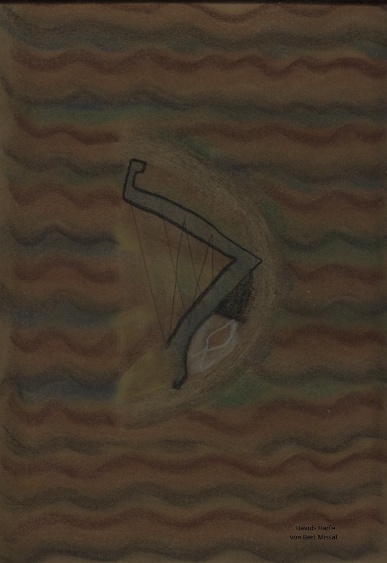 Das Gemälde zeigt eine Harfe mit in Rautenform gespannten Saiten, der farbige Klangwellen entströmen.
