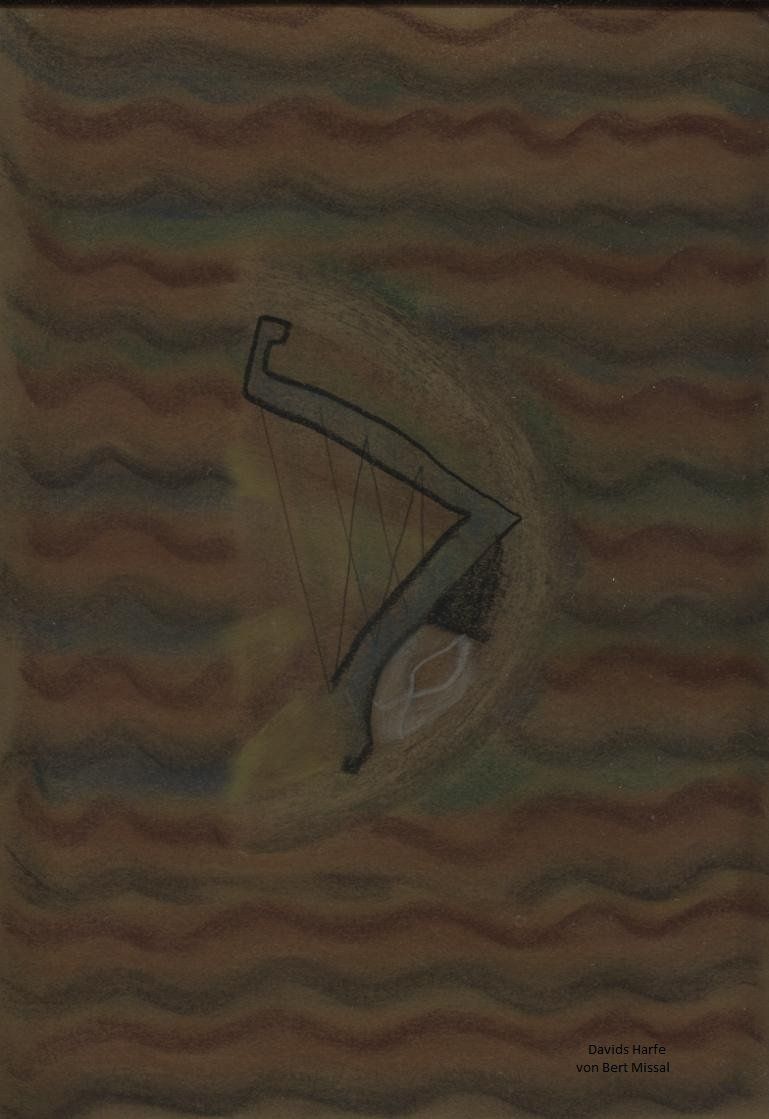 Bildliche Darstellung beruhigender Musik von der Harfe des Hirtenjungen, Psalmdichters und späteren Königs David Das Gemälde zeigt eine Harfe mit in Rautenform gespannten Saiten, der farbige Klangwellen entströmen.