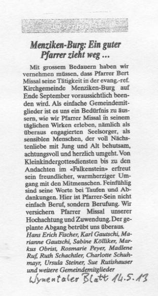 Ein Leserbrief zum Abschied Menziken-Burg: Ein guter Pfarrer zieht weg ...