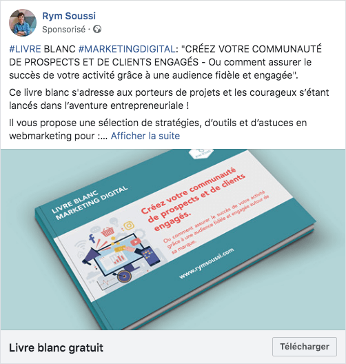 Publicité Facebook proposant de télécharger un livre blanc - Rym Soussi