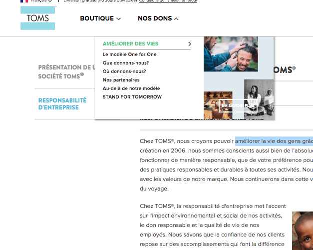 Extrait du menu de navigation de Toms'
