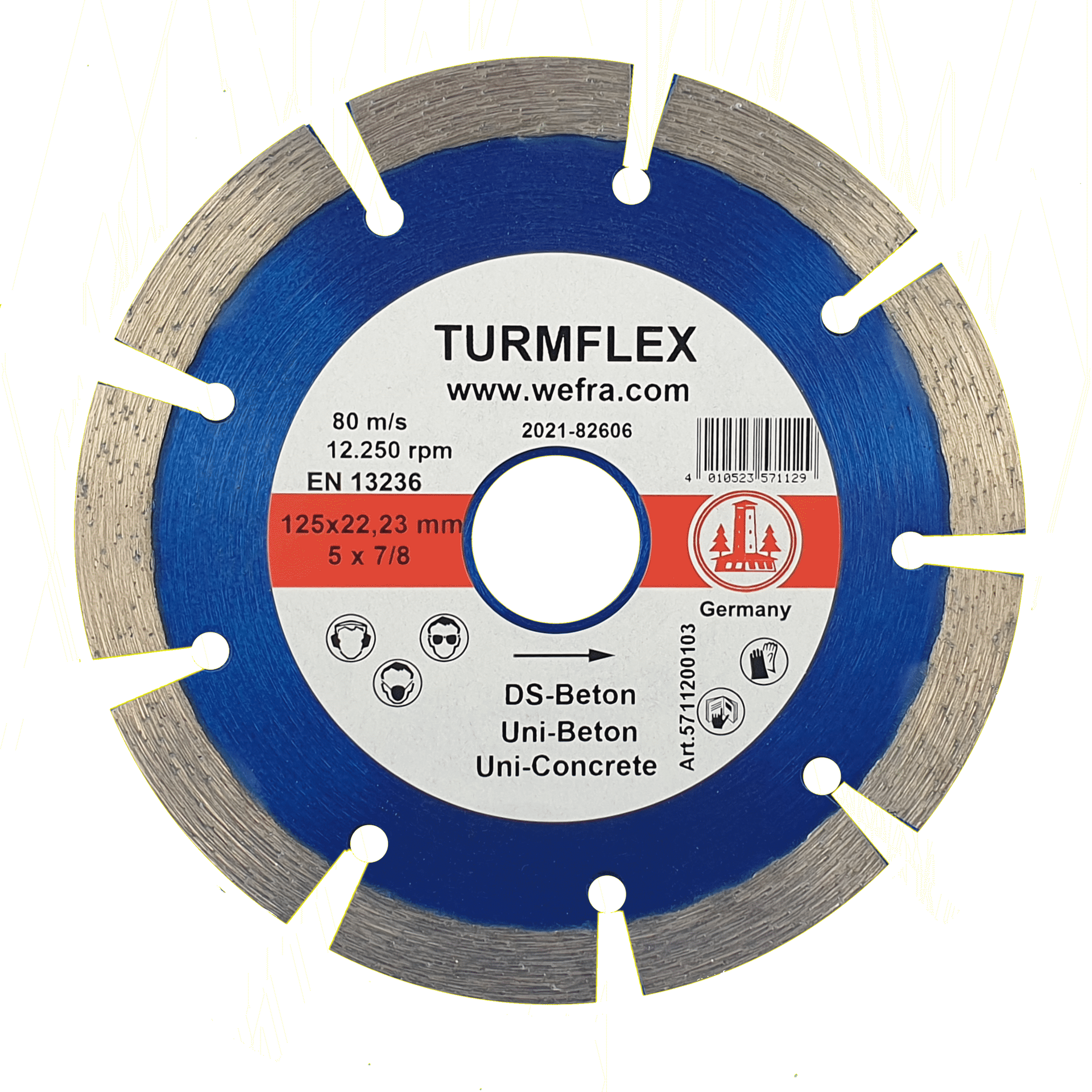 TURMFLEX Universaldiamantscheibe für Beton (nicht armiert), Ziegel und allg. Baumaterial. Segmentierte Scheibe, gesintert in Standardausführung, Segmenthöhe 10 mm. Bestes Preis-/Leistungsverhältnis.
Einsatzgebiet
Beton (nicht armiert), Ziegel und allg. Baumaterial