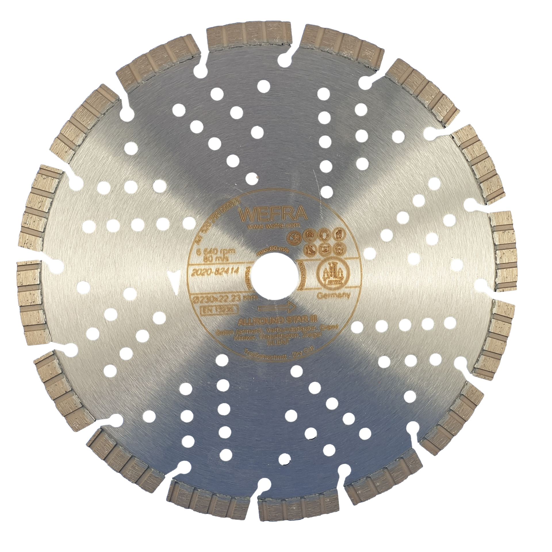 Das Allroundtalent schneidet Beton (auch stark armiert), Granit, Waschbeton, Ziegel, Naturstein und duktile Gussrohre. Die WEFRA ALLROUND STAR III ist eine lasergeschweißte Hochleistungsdiamanttrennscheibe mit 10 mm hohen TURBO-Segmenten. Sie arbeitet lärmreduziert und selbstkühlend im Trockenschnitt aufgrund des gelochten Stammblattes mit einer sehr hohen Standzeit und einer sehr guten Schnittleistung. Spitzenqualität.
Einsatzgebiet
Beton (auch stark armiert), Granit, Waschbeton, Ziegel, Naturstein und duktile Gussrohre