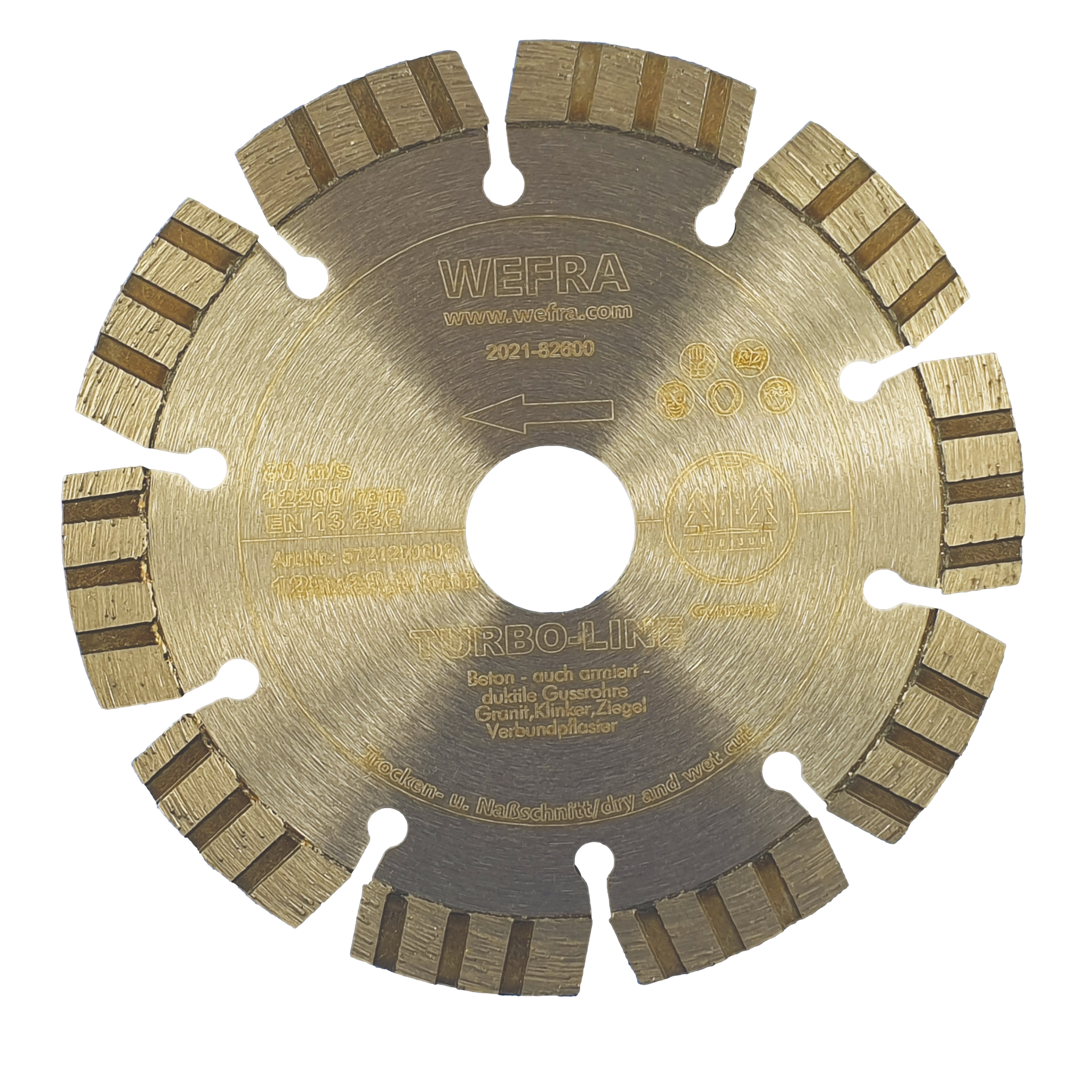 Die WEFRA TURBO-Line ist sehr gut geeignet für Altbeton, Beton (auch stark armiert), Betonrohre, duktile Gussrohre, Granit (auch Nero Impala), Klinker hart und weich, Verbundpflaster, Waschbeton und Ziegel. Die Diamanttrennscheibe ist ausgestattet mit lasergeschweißten TURBO-Segmenten.
Einsatzgebiet
Altbeton, Beton (auch stark armiert), Betonrohre, duktile Gussrohre, Granit (auch Nero Impala), Klinker hart und weich, Verbundpflaster, Waschbeton und Ziegel