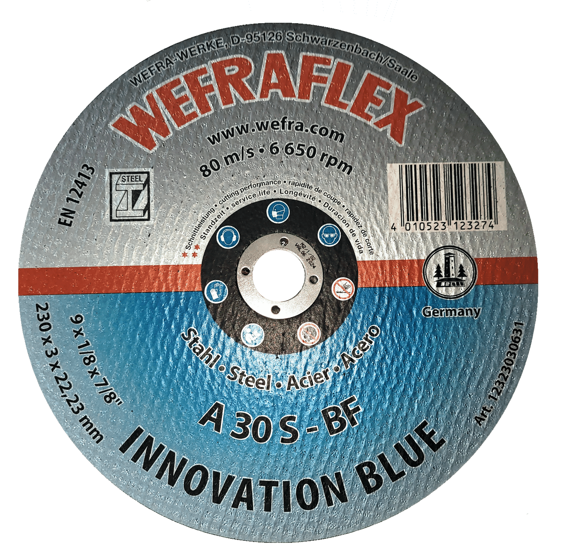 Die Metalltrennscheibe WEFRA Innovation Blue A30S verfügt über eine harte Bindung und wird mit Spezialkorunden hergestellt. Sie garantiert eine sehr hohe Stabilität, eine gute Schnittleistung und eine hohe Standzeit. Bewährte Profi-Qualität!
Einsatzgebiet
Stahl, auch legiert, Stahlblech, Guss