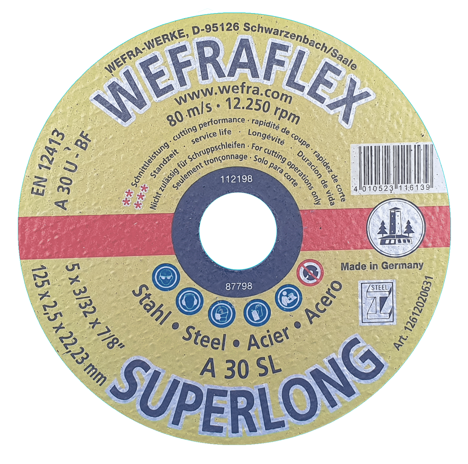 Die Metalltrennscheibe WEFRA SUPERLONG A30SL liefern wir in einer Spezialausführung. Durch die Bindung umfasst ein ummanteltes Spezialkorn wodurch die A30SL eine bis zu 4 x höhere Standzeit im Vergleich zu einer Standardscheibe mit einer außergewöhnlichen Schnittleistung erreicht. Spitzen-Qualität!
Einsatzgebiet
Stahl, hochfester Baustahl, Guss, Eisenbahnschienen