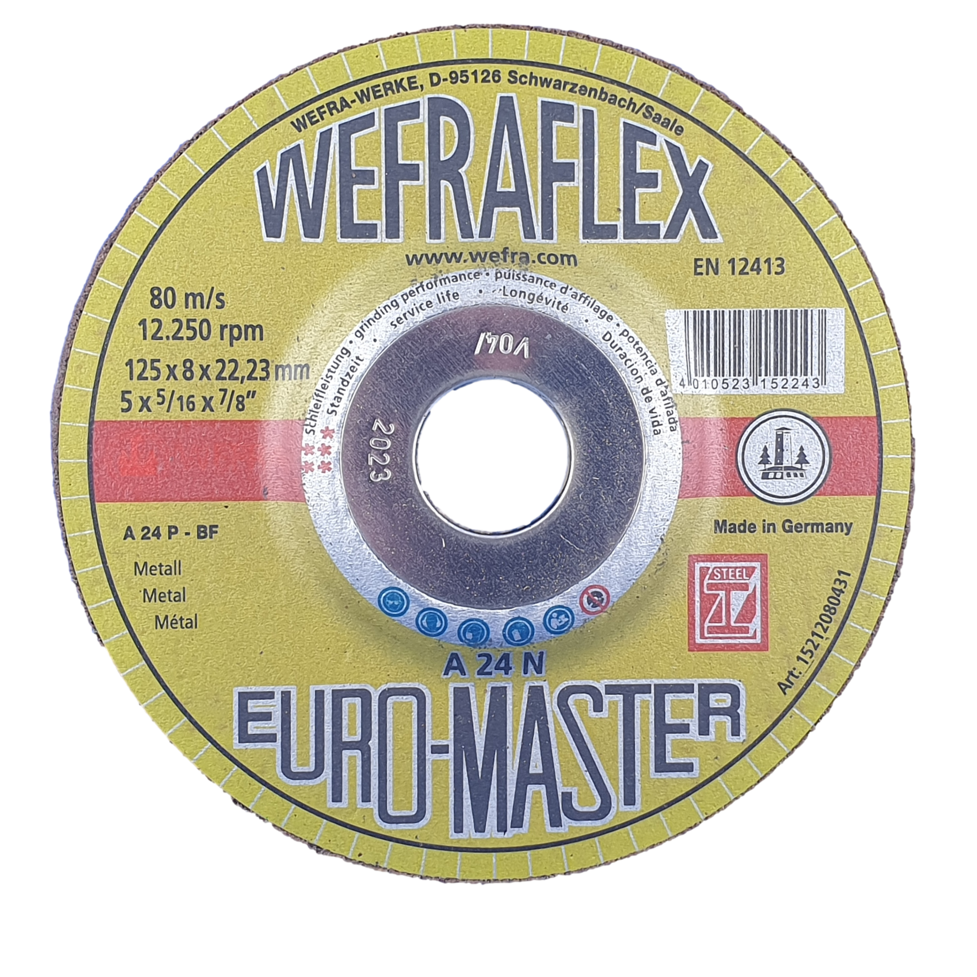 Die Universalschruppscheibe WEFRA EUROMASTER A24N für Eisen, Stahl und Baustahl in der mittelharten Ausführung mit grober Schleifschicht für hohe Zerspanungsleistung. Top Preis-/Leistungsverhältnis.
Einsatzgebiet
Universell einsetzbar für für Eisen, Stahl und Baustahl