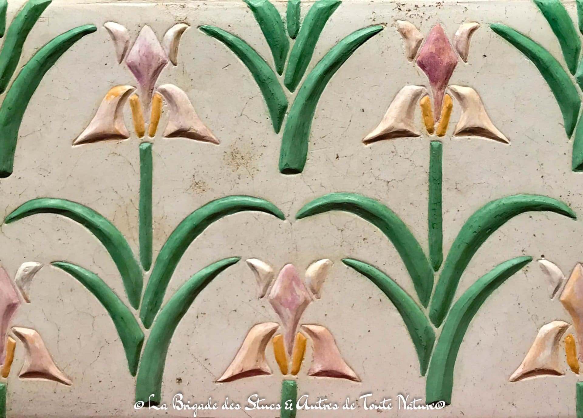 Le métier de La Brigade des Stucs Stuc - enduit de chaux relief plantes fleurs iris stylisés
