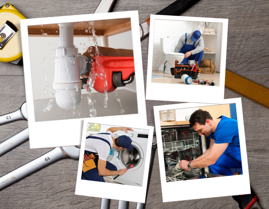 Collage of property maintenance tasks representing landlord repair responsibilities in UK rental hom