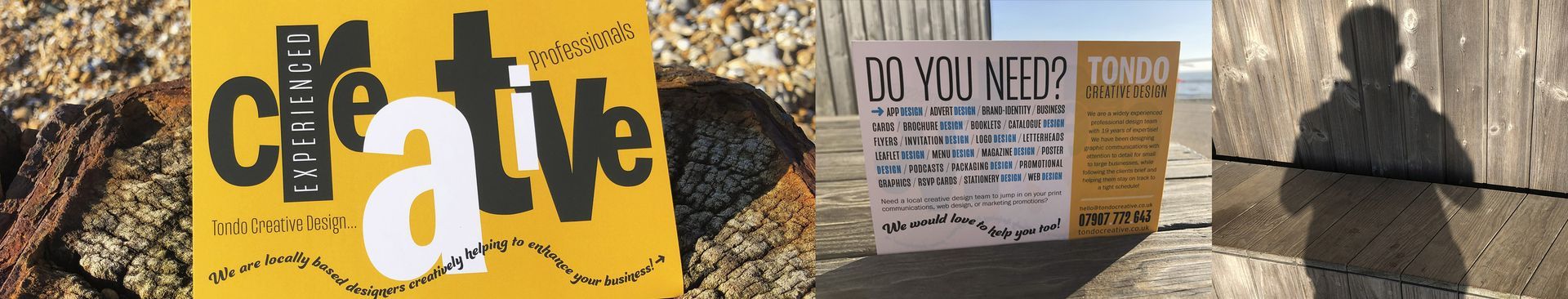 Creative yellow postcard with type black and white on pebbles and do you need services, beach seaside.