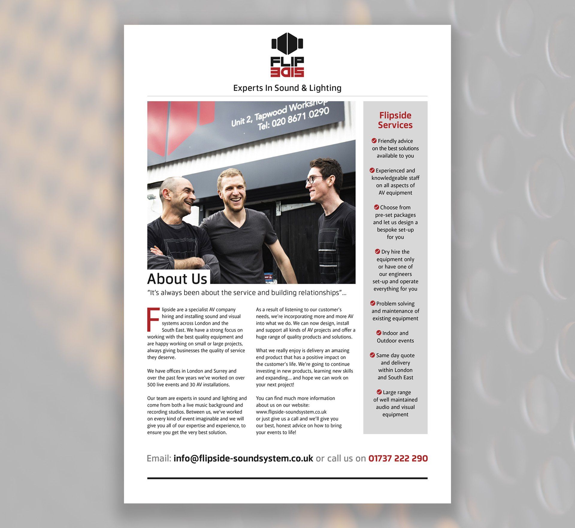 Flipside A4 loose insert design for About Us details