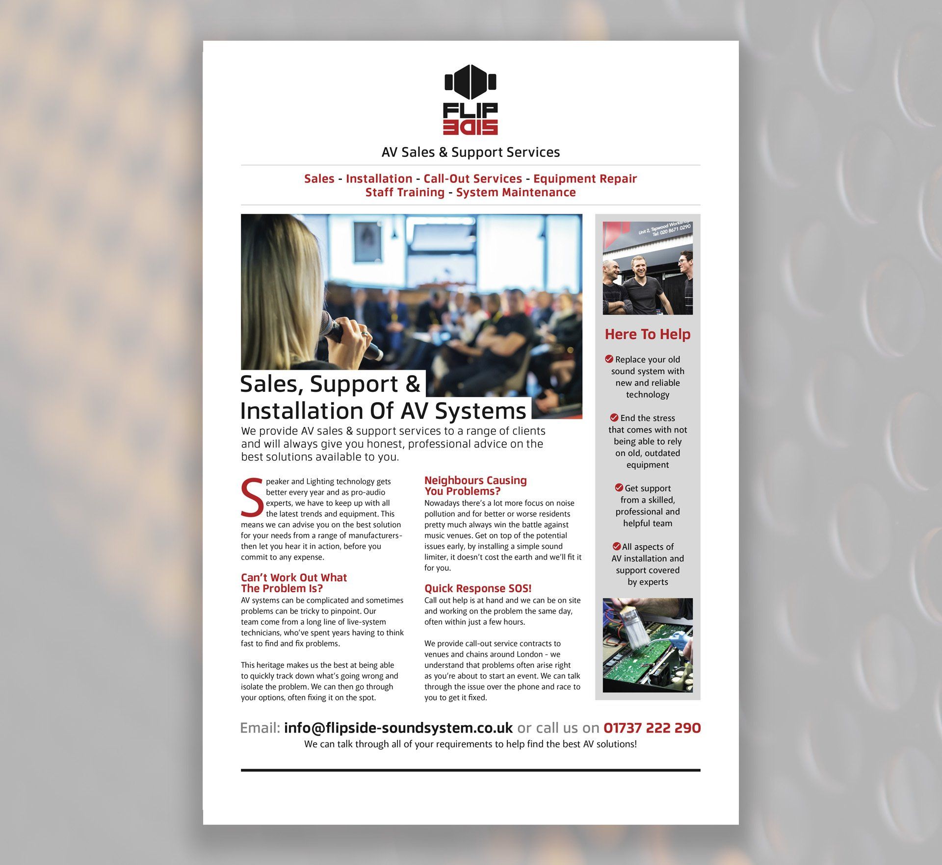 Flipside A4 loose insert design AV systems