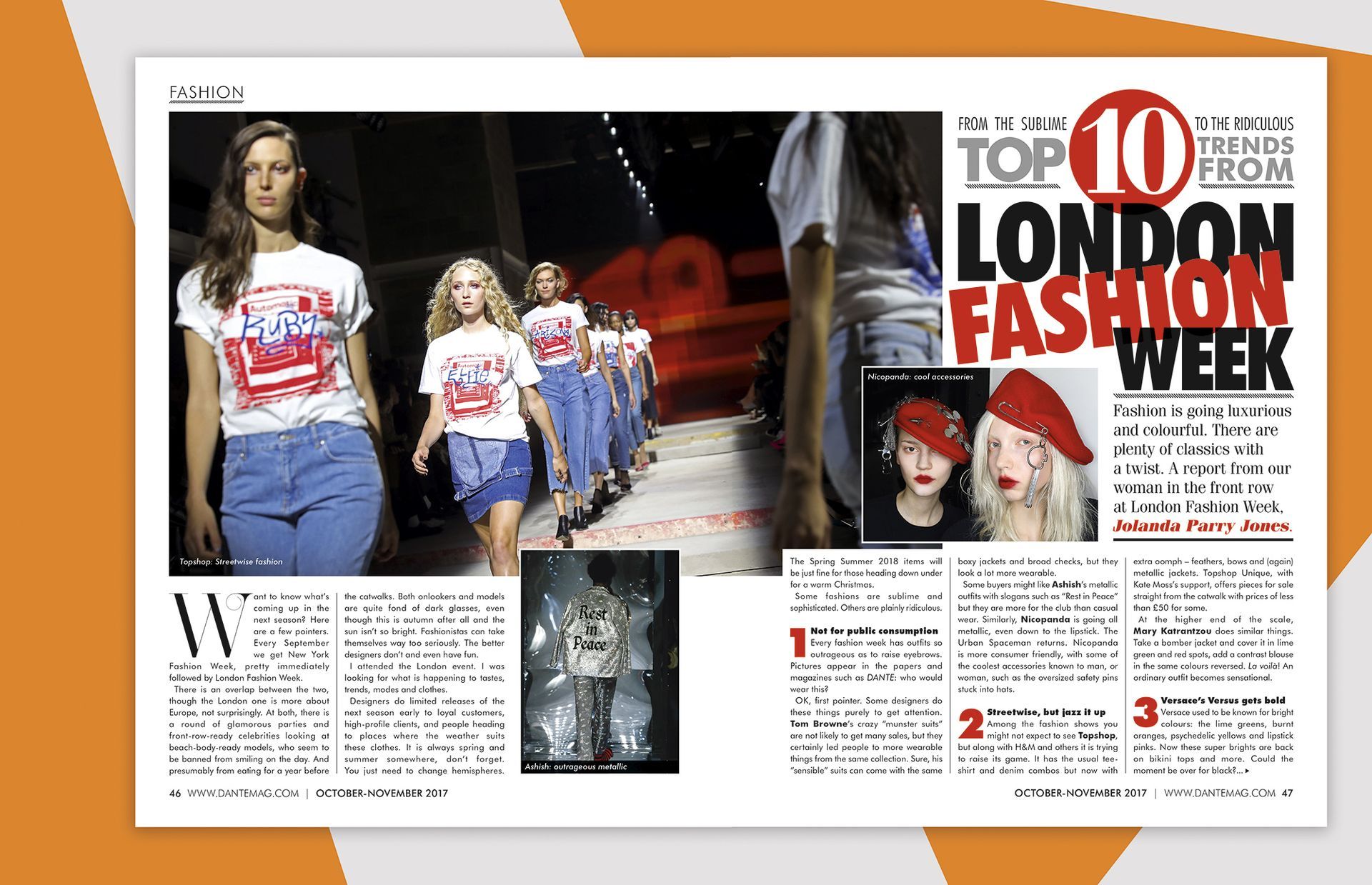 London Fashion Week magazine layout for Dante Magazine with Top 10 Trends...