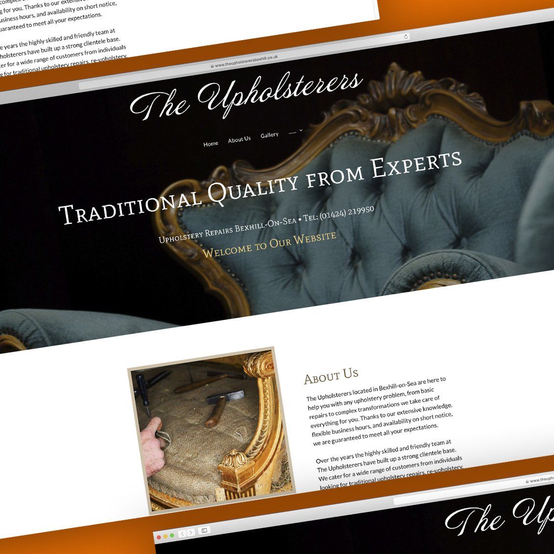 The Upholsterers Bexhill website screenshoot with oragne background