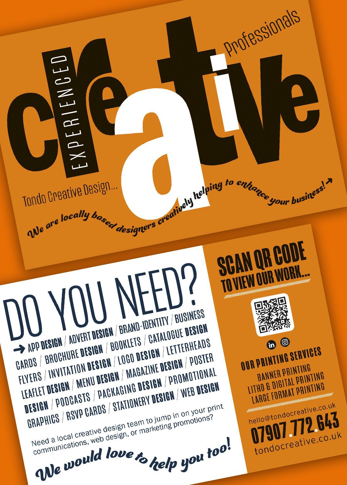 Orange tondo creative postcard design with creative black and white type on orange background