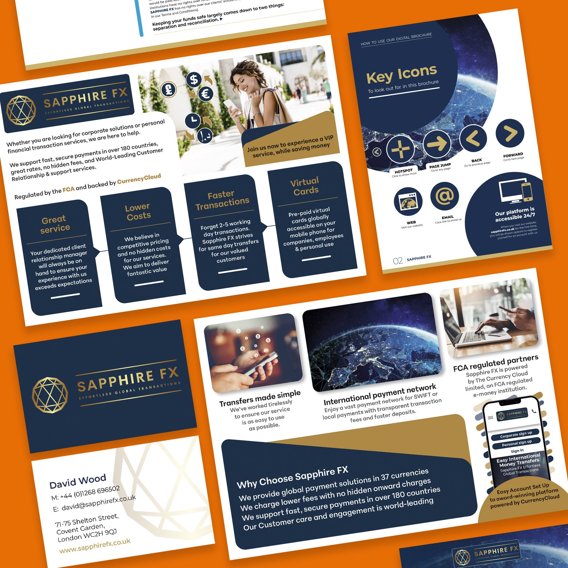 Sapphire FX barding including brochure, business cards and other marketing designs.