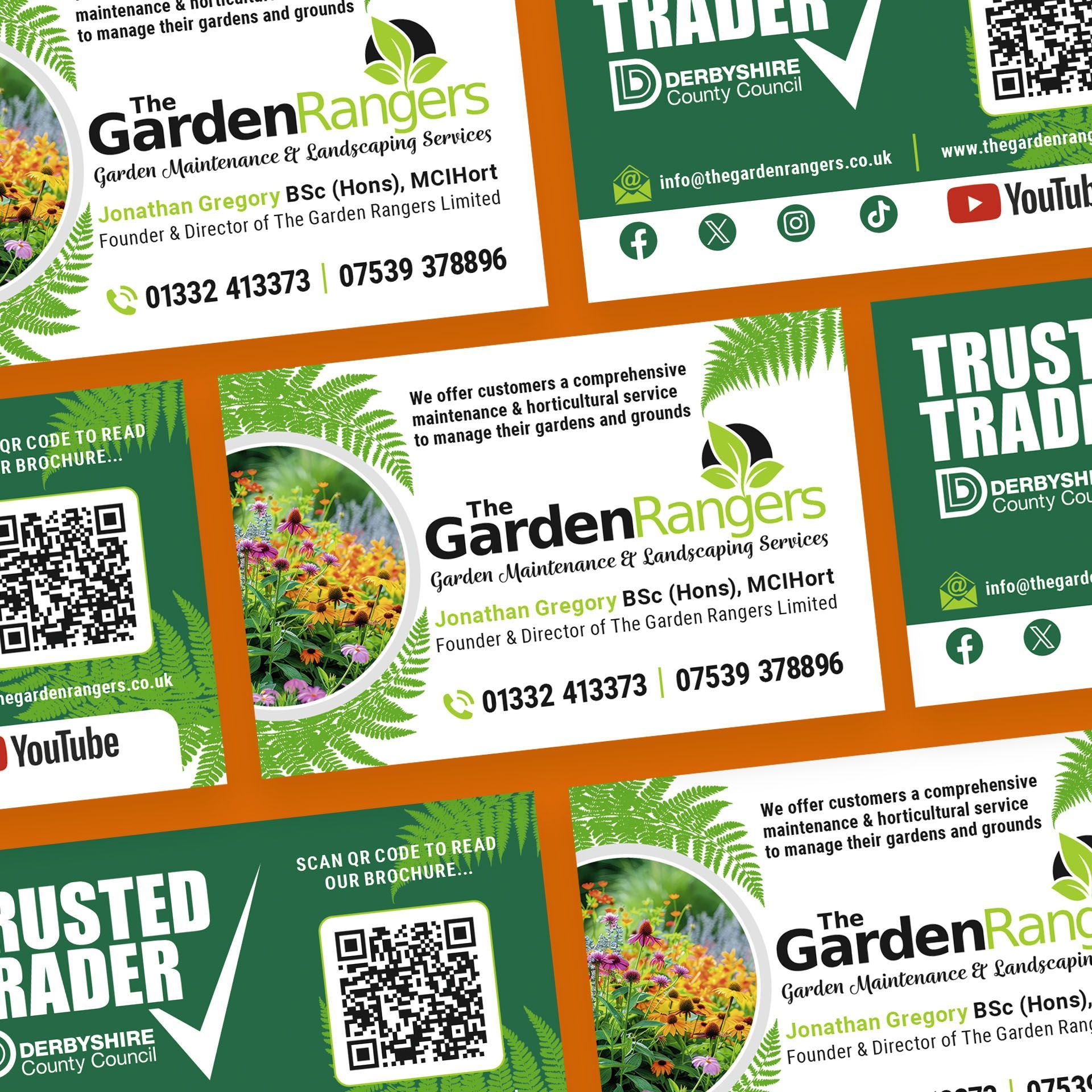 The Garden Rangers white business cards on orange background