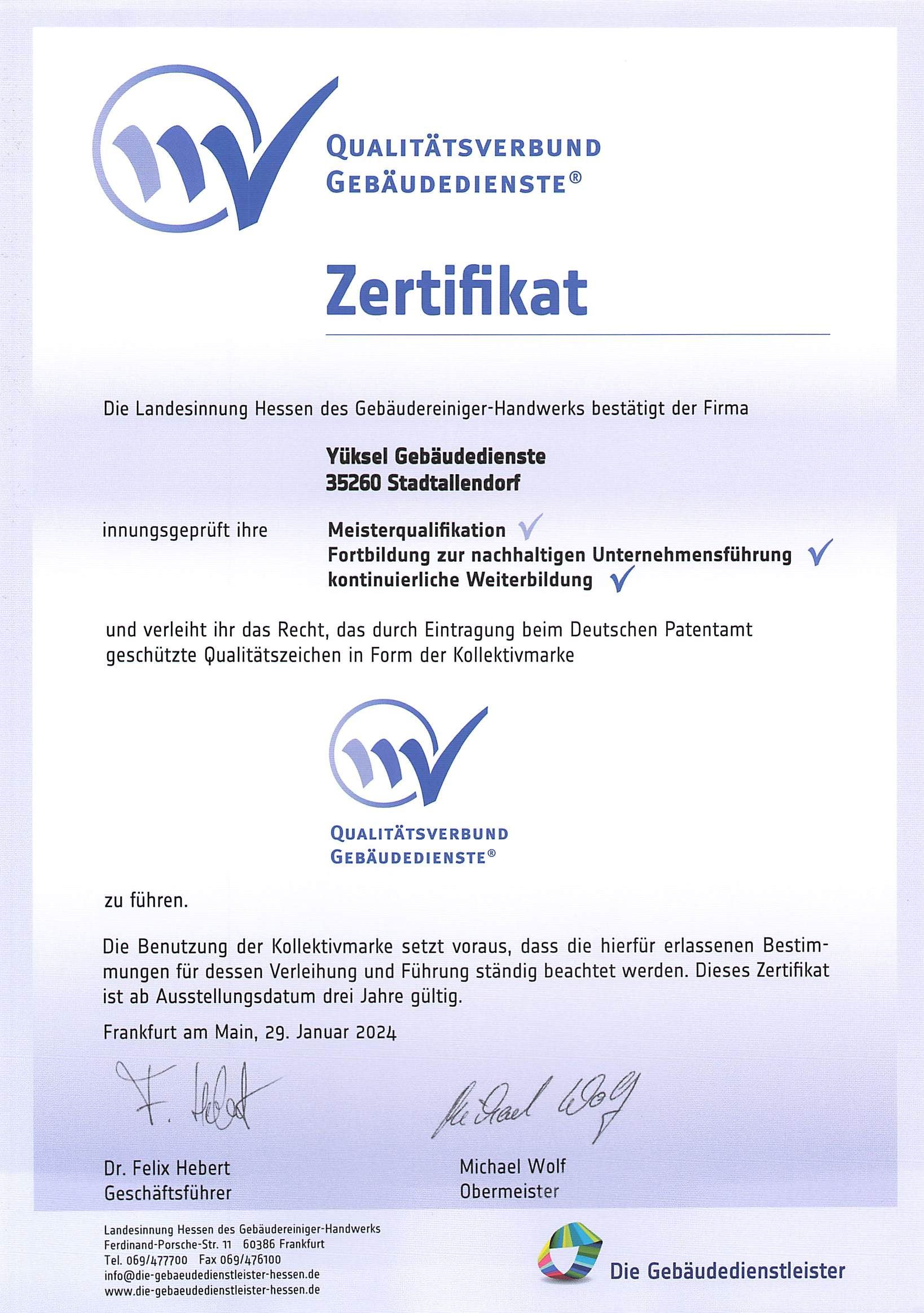 Zertifikat Qualitätsverbund Gebäudedienste