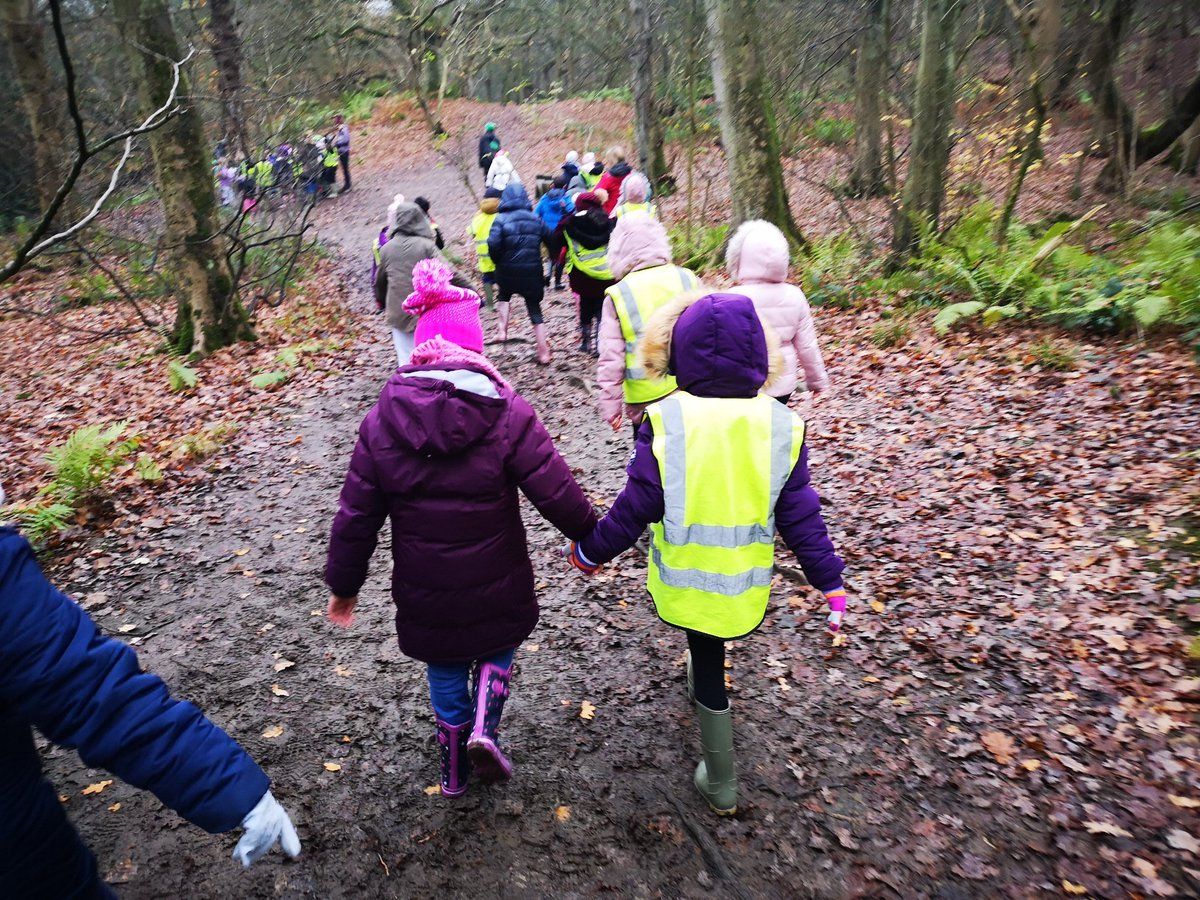 Children walking through the woodland enjoying outdoor learning at Nell Bank education centre