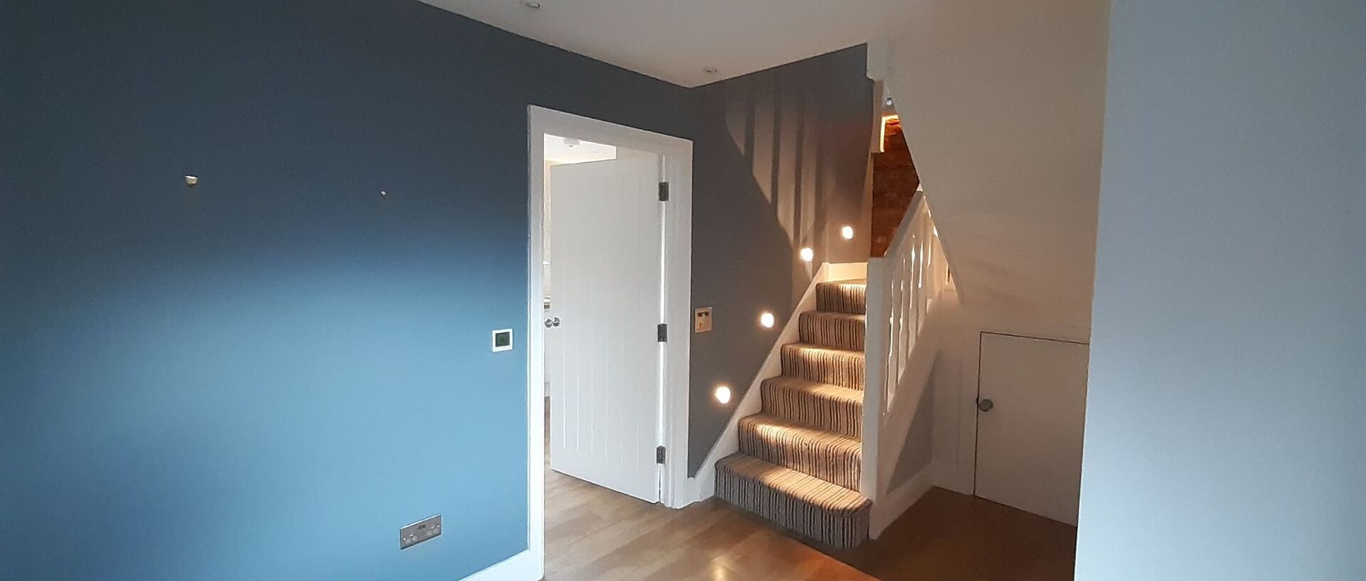 Painting and decorating, in Awsworth. Feature stair case wall. Hall, stairs and landing. Dollies Designs and Decorating, Ilkeston, Derbyshire.