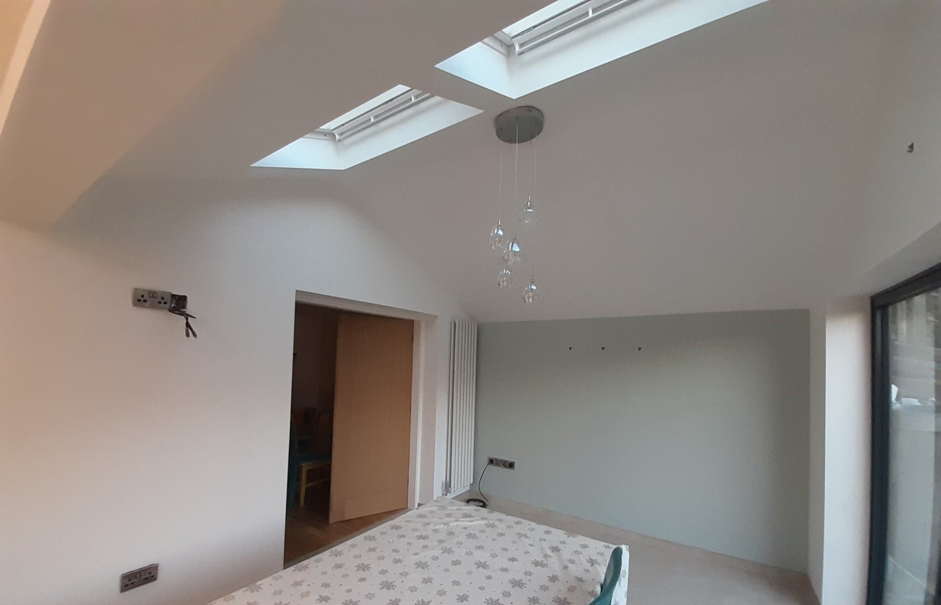 Painting, decorating, Swanwick, Dollies Designs and Decorating, Ilkeston, Derbyshire. Extension dining room with a feature wall of tranquil dawn by Dulux.