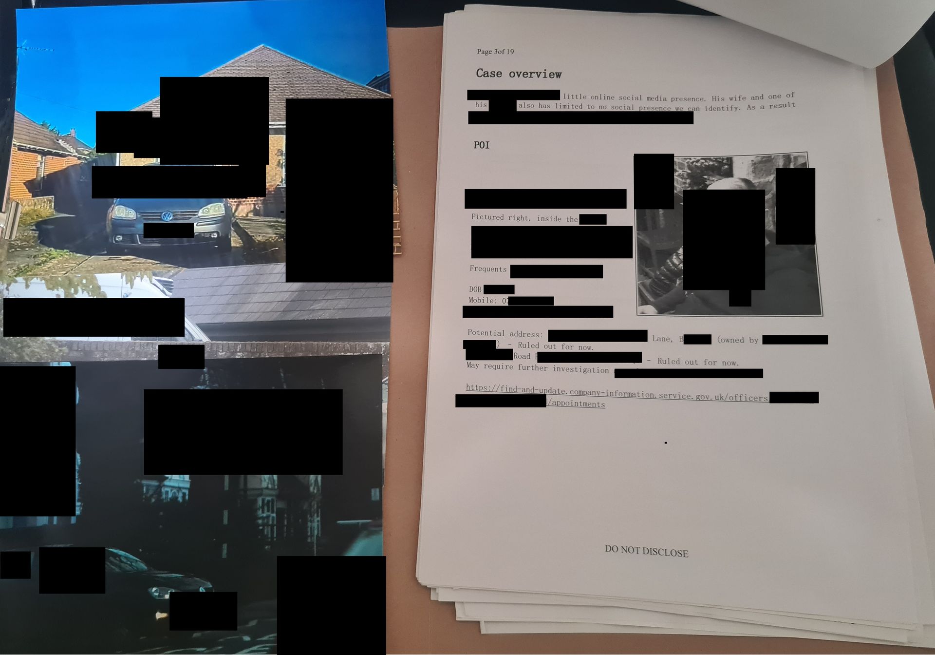 real investigator report, private investigator report, photographs, document, binder