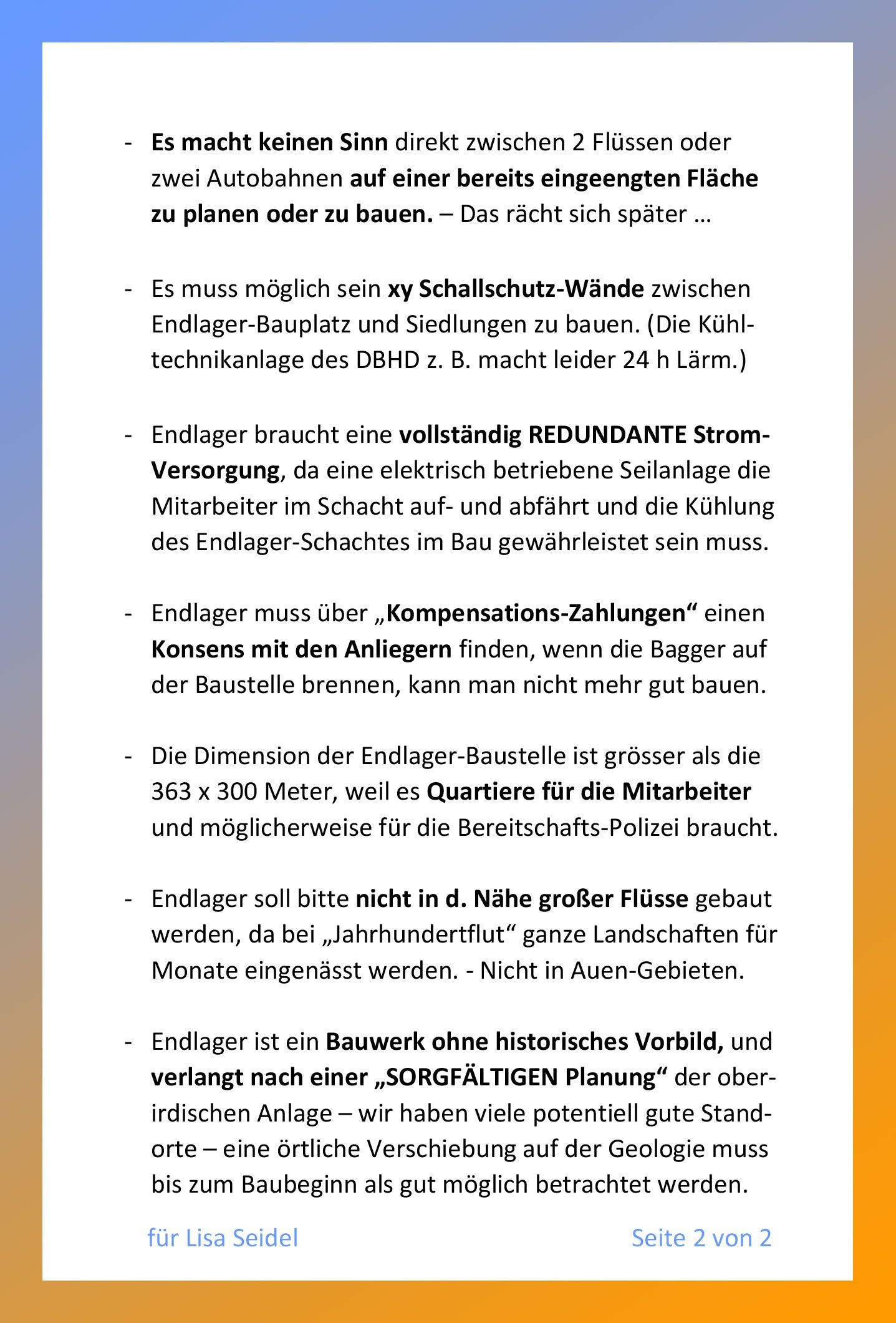 >>> Ing. Seidel - Hinweise zu Planungs-Kriterien-Oberirdisch - für Endlager