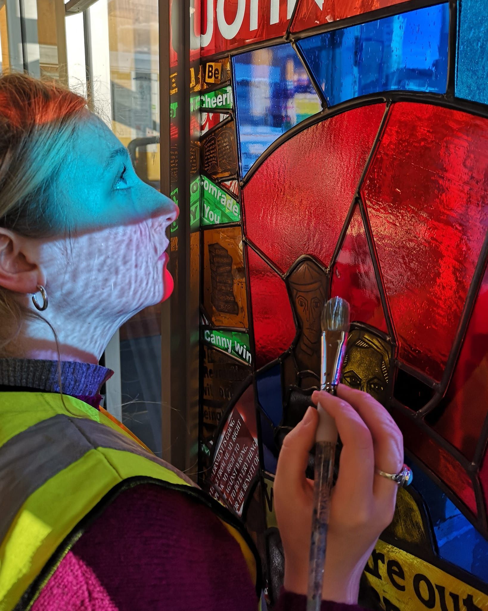Community Projects Community stained glass window. Detail of John Maclean anniversary window for Pollokshaws Library.