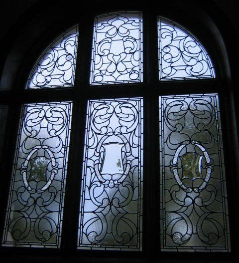 Grisaille stained glass window. strahpeffer. elsick house. scotland.