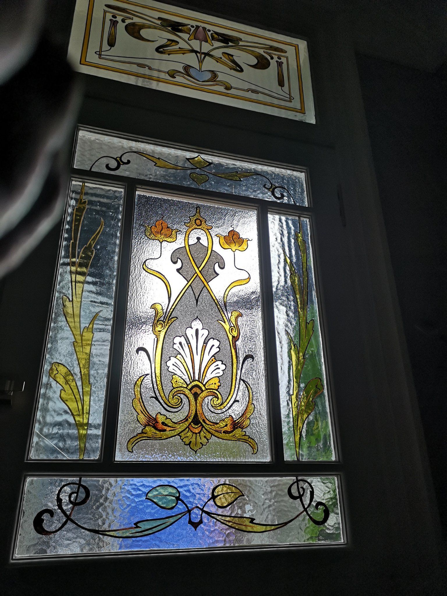 Art Nouveau reproduction stained glass window for this front door entrance