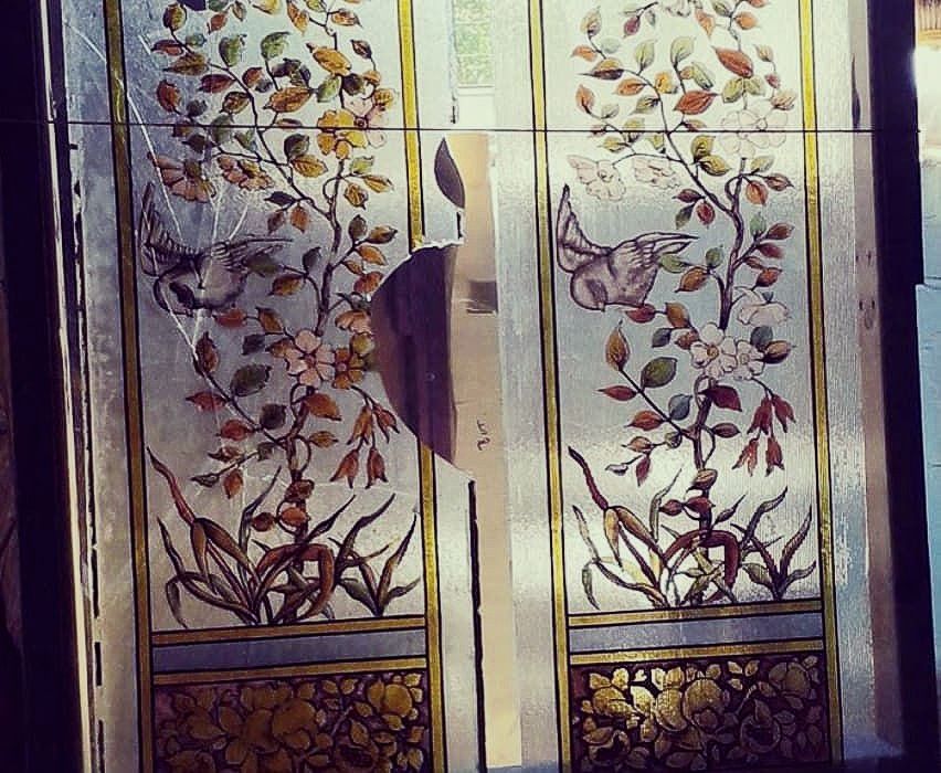 A before and after victorian bird and flora stained glass panel