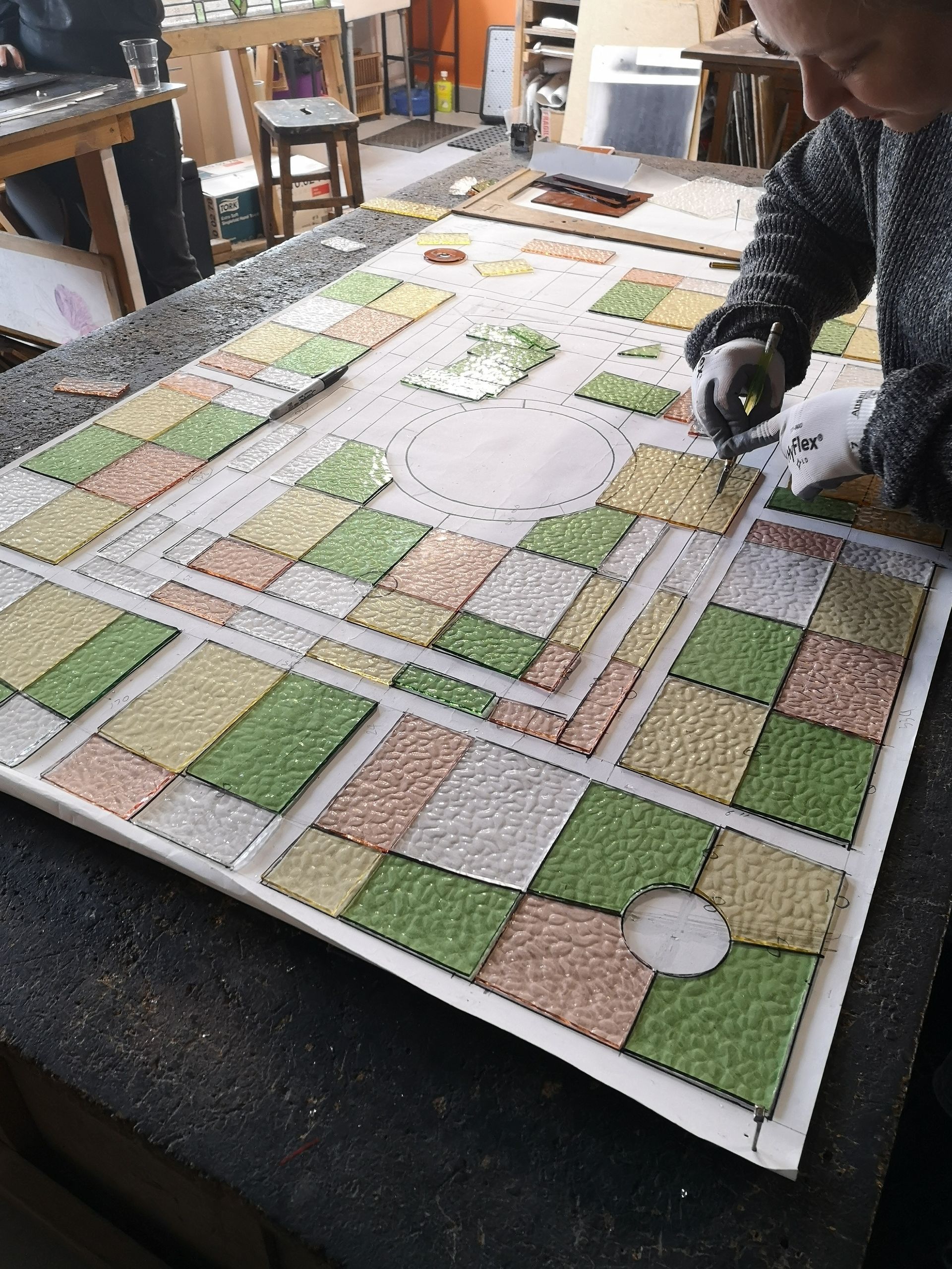 cutting out glass for a leaded glass panel