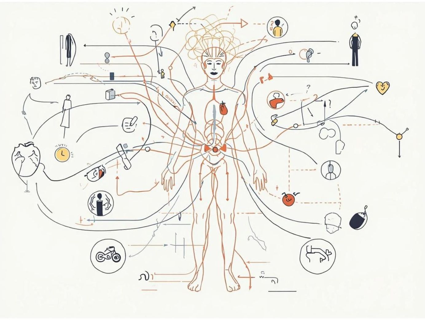 schéma pédagogique montrant interaction entre émotions, corps, pensées et relations humaines