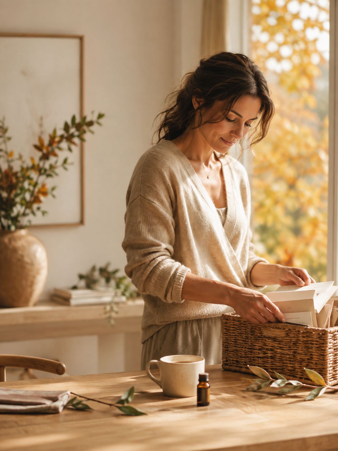 Femme faisant calmement du tri dans un intérieur chaleureux aux couleurs de l’automne.