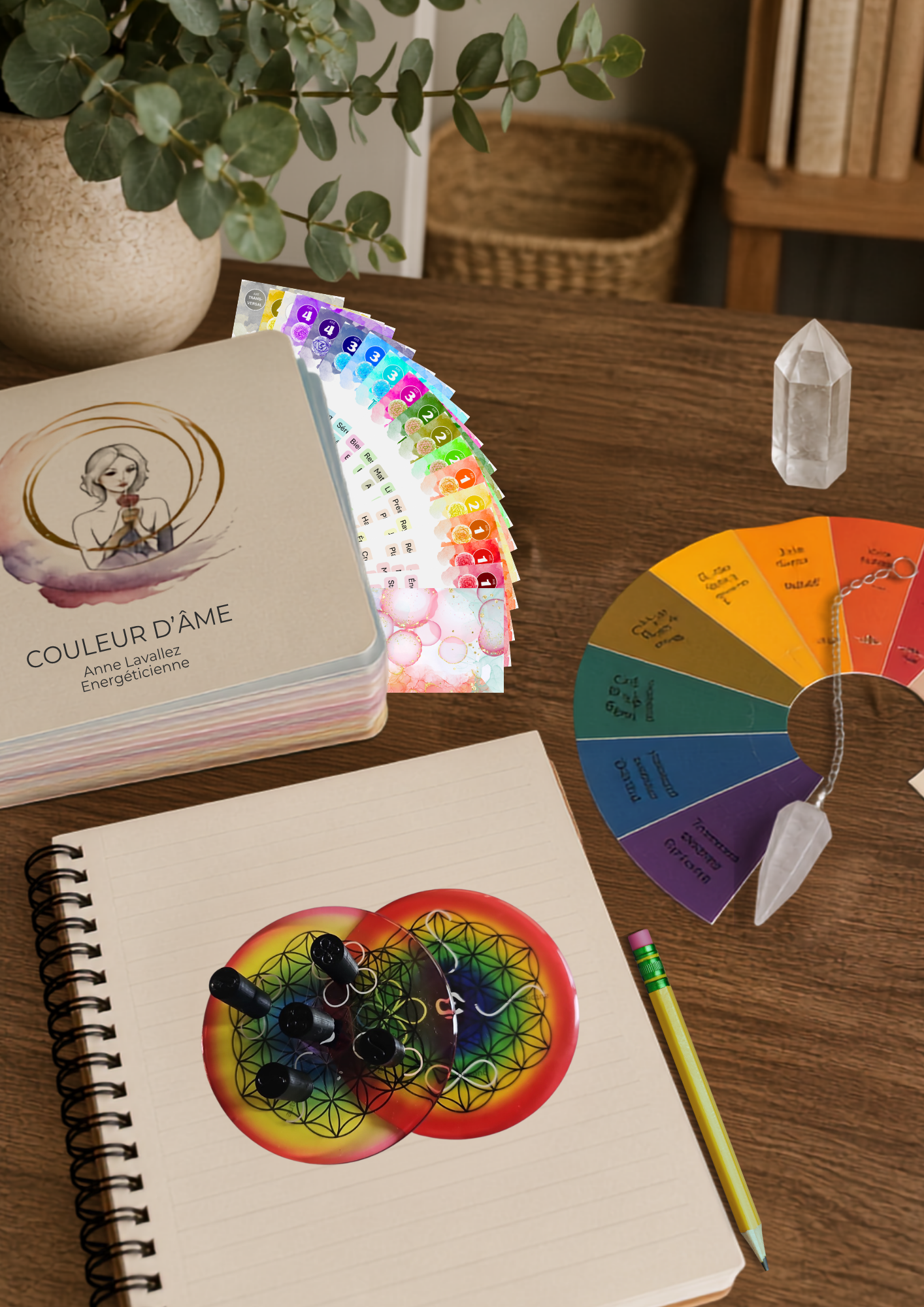 Bureau de travail d'Anne, énergéticienne de Couleur d'âme, avec éventail des couleurs, disque Osens, cristal de roche et outils utilisés lors des soins énergétiques à distance.