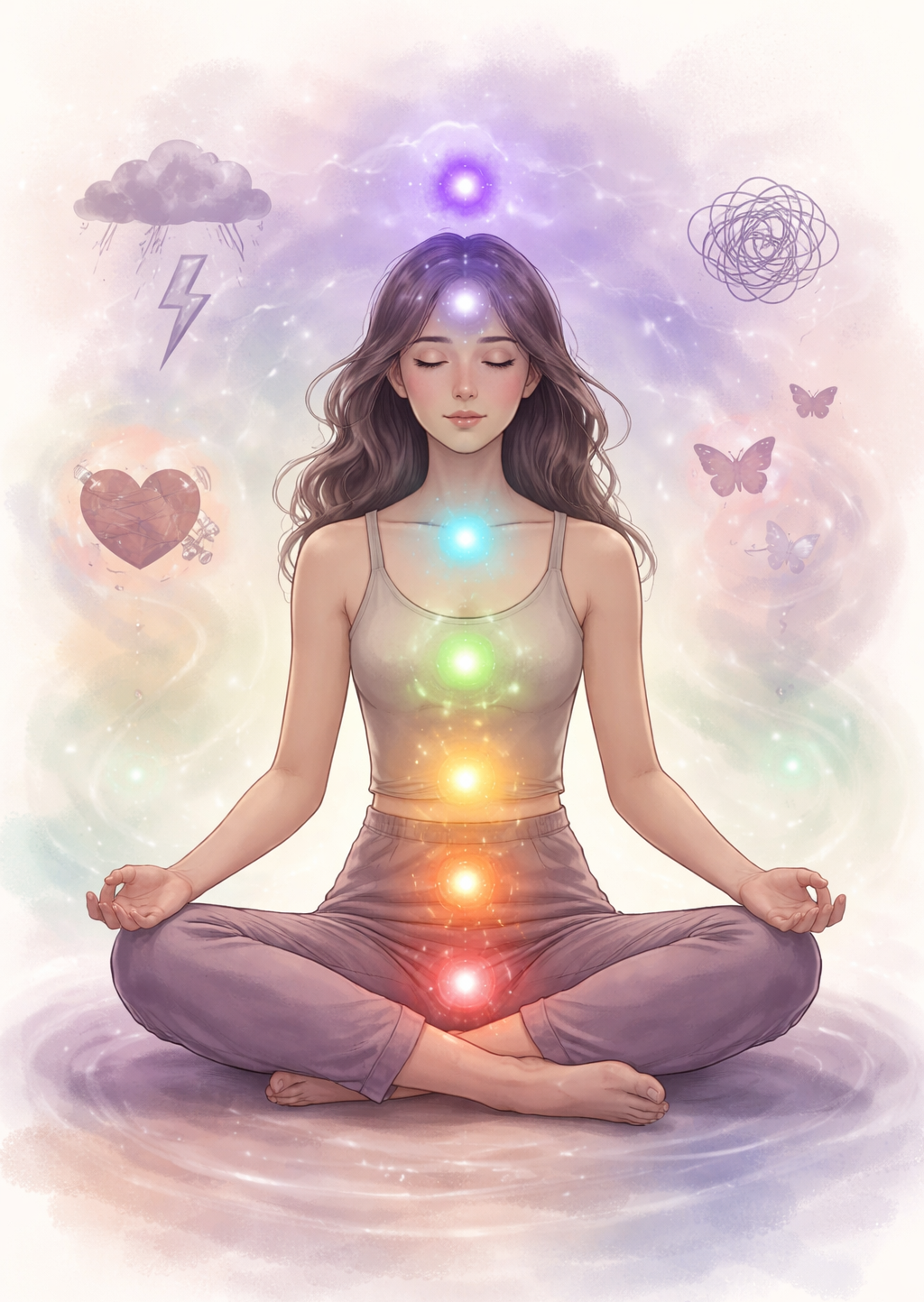 Illustration d’une femme en méditation avec les sept chakras représentés en couleurs lumineuses le long du corps, symbolisant l’équilibre énergétique.