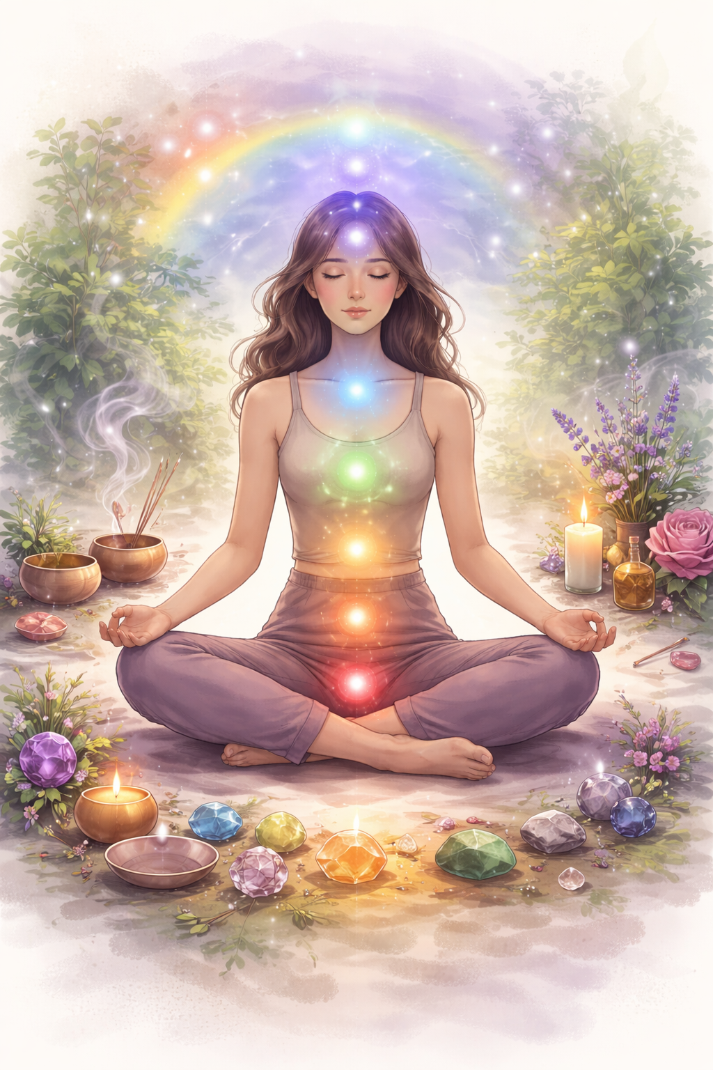 Illustration d’une personne méditant entourée de cristaux, bols chantants et huiles essentielles, avec les chakras représentés par des lumières colorées.