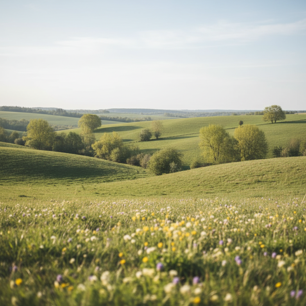Paysage réaliste illustrant l’intersaison du printemps vers l’été et la transition énergétique de mi-avril illustrant l’intersaison du printemps vers l’été et la transition énergétique de mi-avril