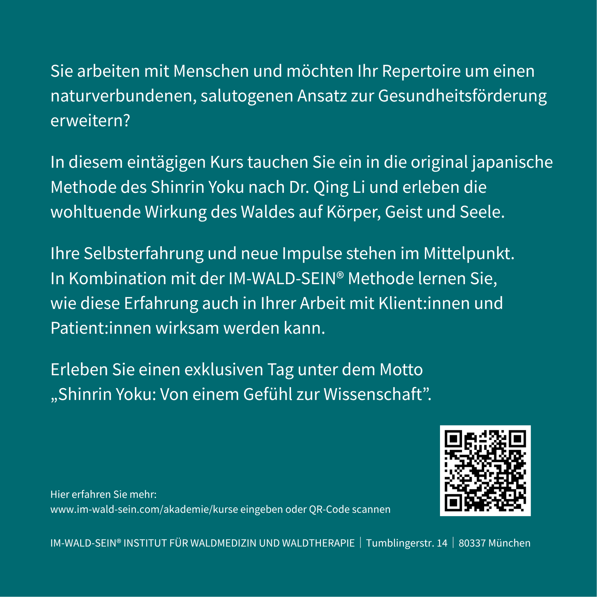 Texttafel mit Kursbeschreibung zum Shinrin Yoku-Schnupperkurs, Fokus Selbsterfahrung und Anwendung der IM-WALD-SEIN Methode