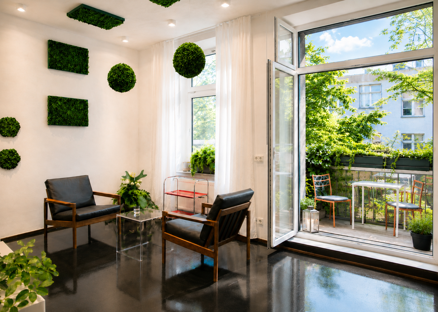 Balkon Luftinsel mit zwei Sitzplätzen und Blick in den begrünten Innenhof, IM-WALD-SEIN® City Offices München