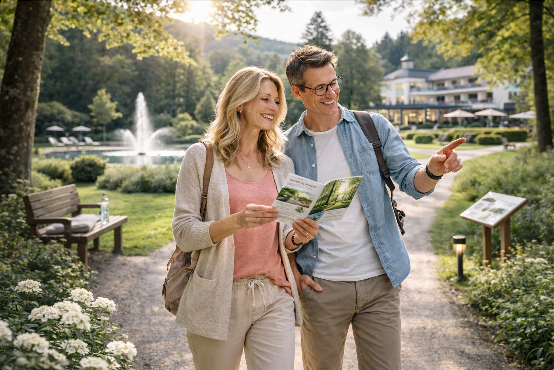 Hotelgäste beim selbstgeführten naturbasierten Gesundheitsprogramm im Kurpark Hotelgäste beim selbstgeführten naturbasierten Gesundheitsprogramm im Kurpark
