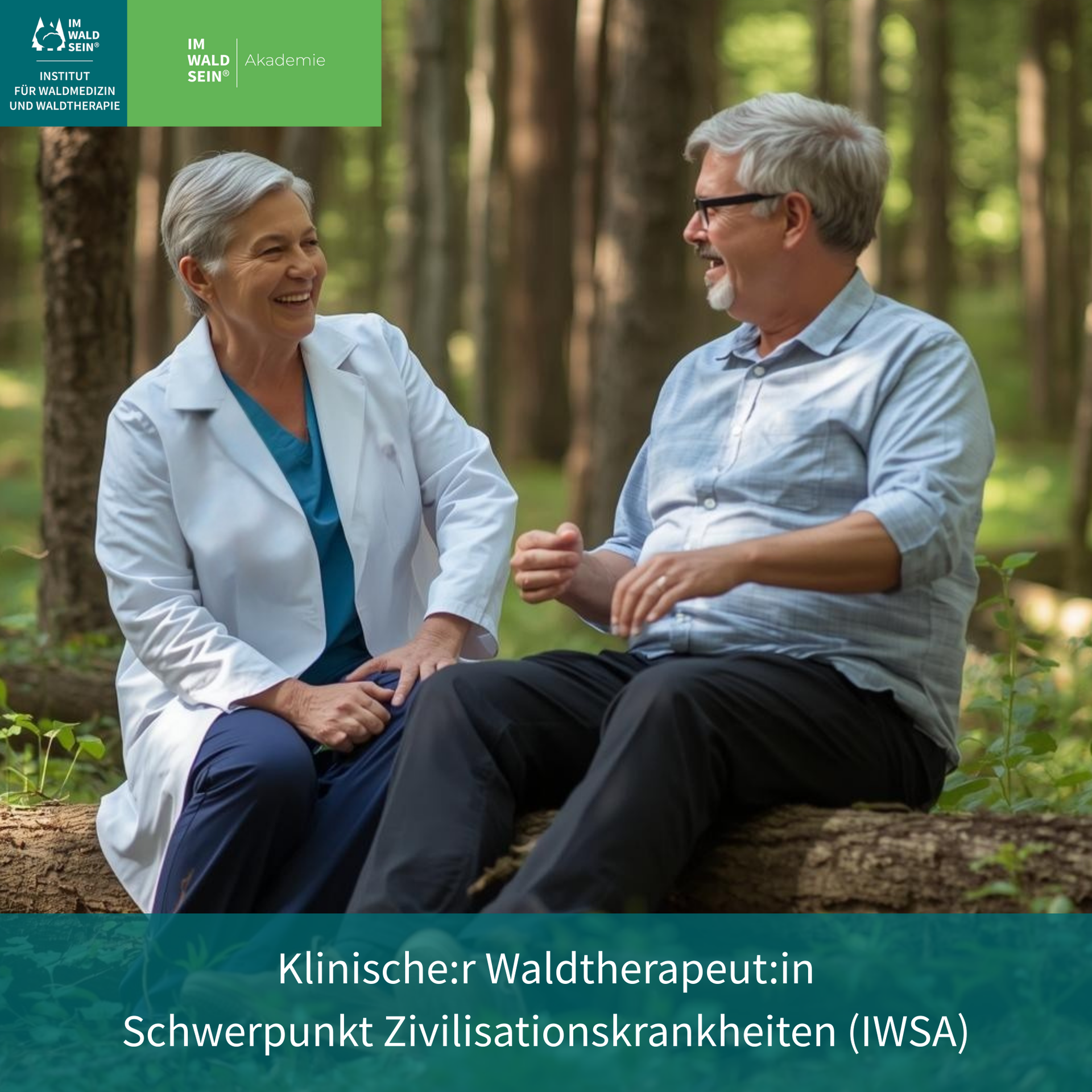 Ärztin und Patient in einer Reflexionsszene im Wald; typische Sequenz klinischer Waldtherapie bei Zivilisationskrankheiten