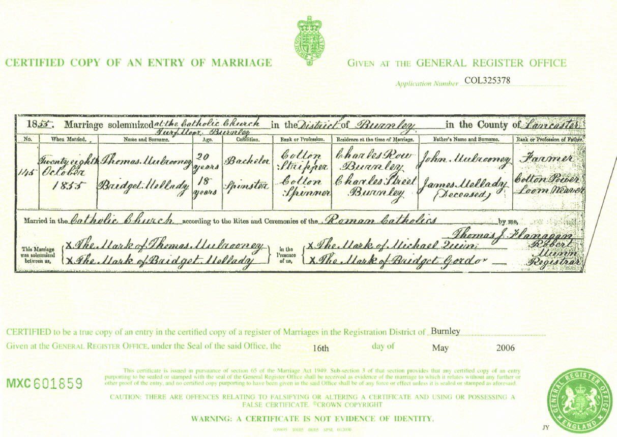 Mulrooney- Melody Marriage Certificate 1855 Mulrooney- Melody Marriage Certificate 1855
