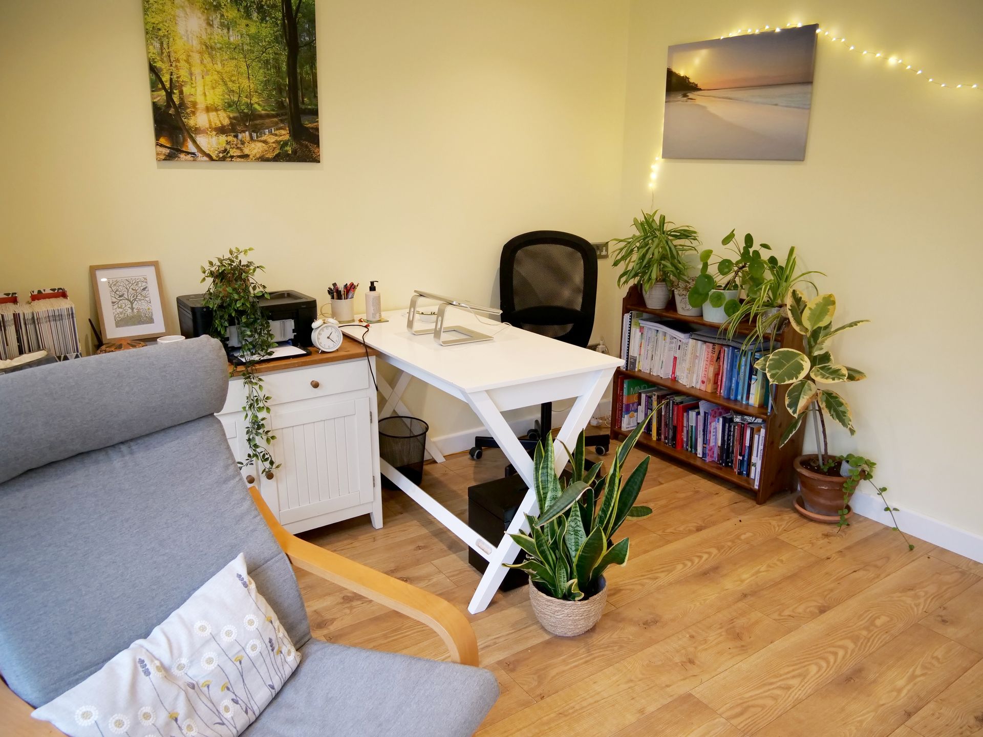 Becky Gardner's counselling room, desk and bookshelf