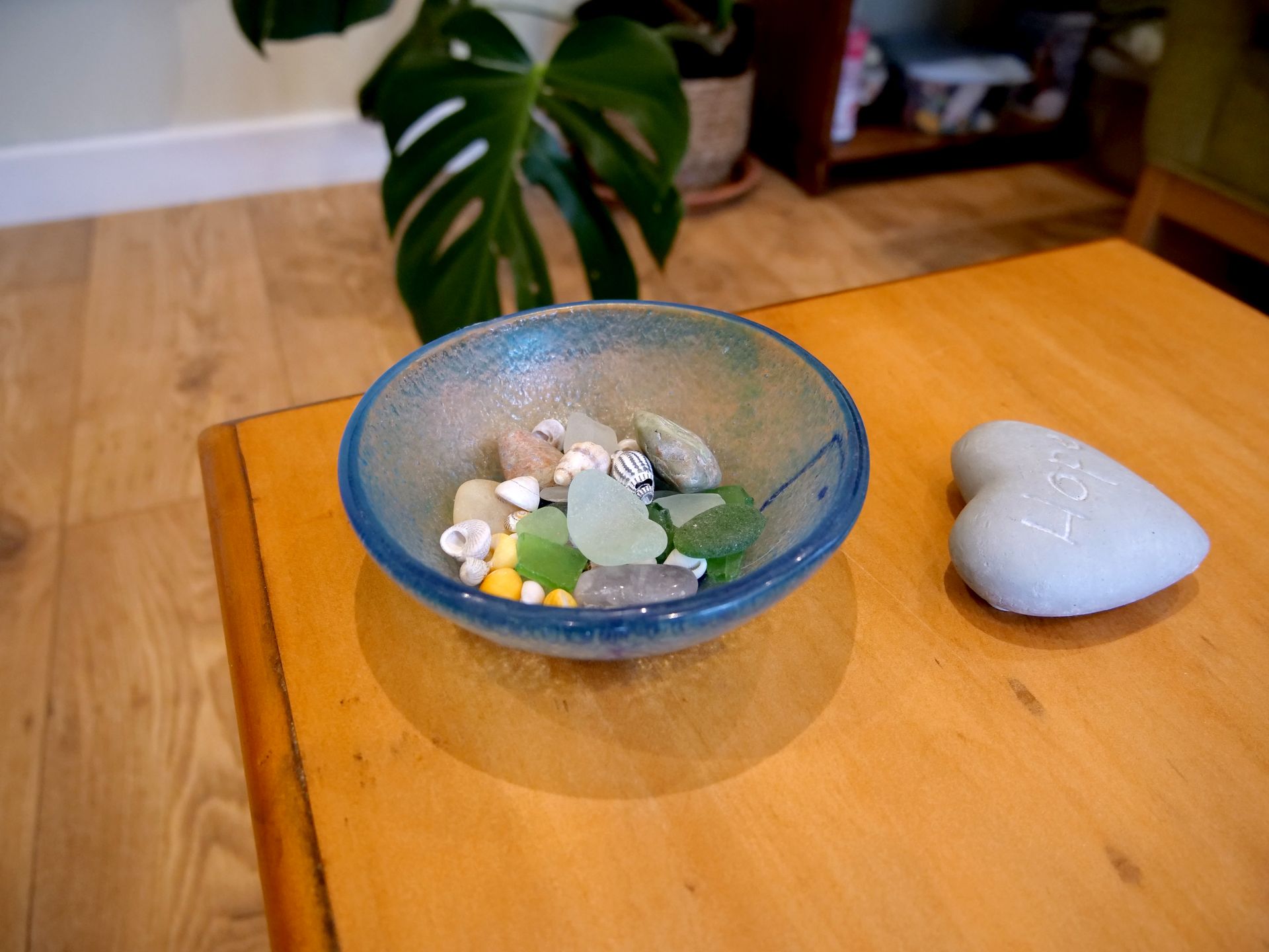Becky Gardner's counselling room, bowl of stones and hope